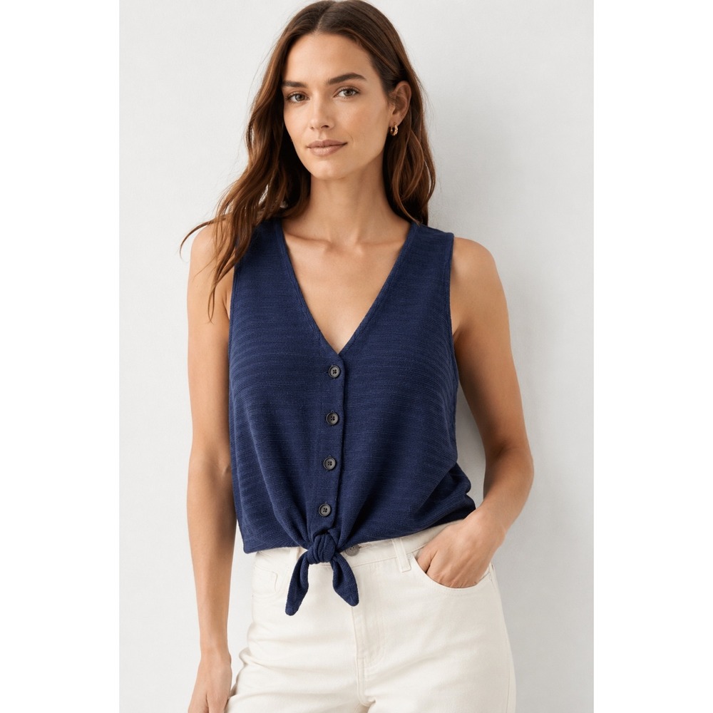 J Crew Navy Blue Textured Knit Tie Front Button V-Neck Sleeveless Top Small